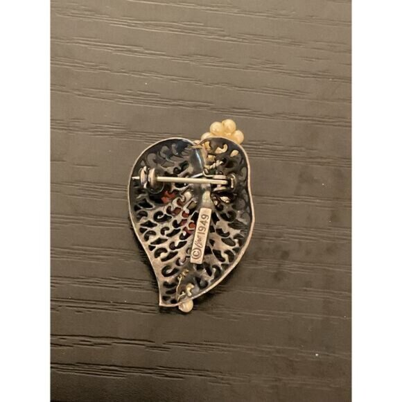 Vintage Ornate Heart-Shaped Brooch With Beads & Stones - Picture 4 of 4